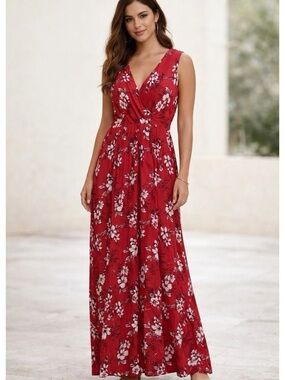 41 Hawthorn Red Floral V-Neck Maxi Dress